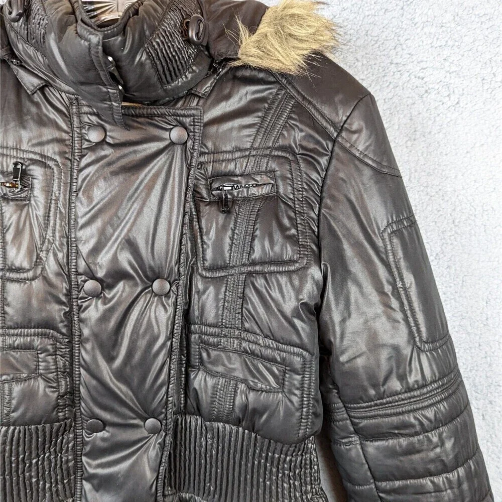 BKE Buckle Puffer Jacket Faux Fur Hood Coat Women's Size Small Black